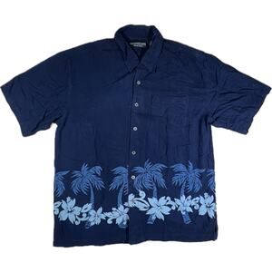 Common Man Black Label 100% Silk Hawaiian Aloha Shirt Navy Palm Floral Mens L